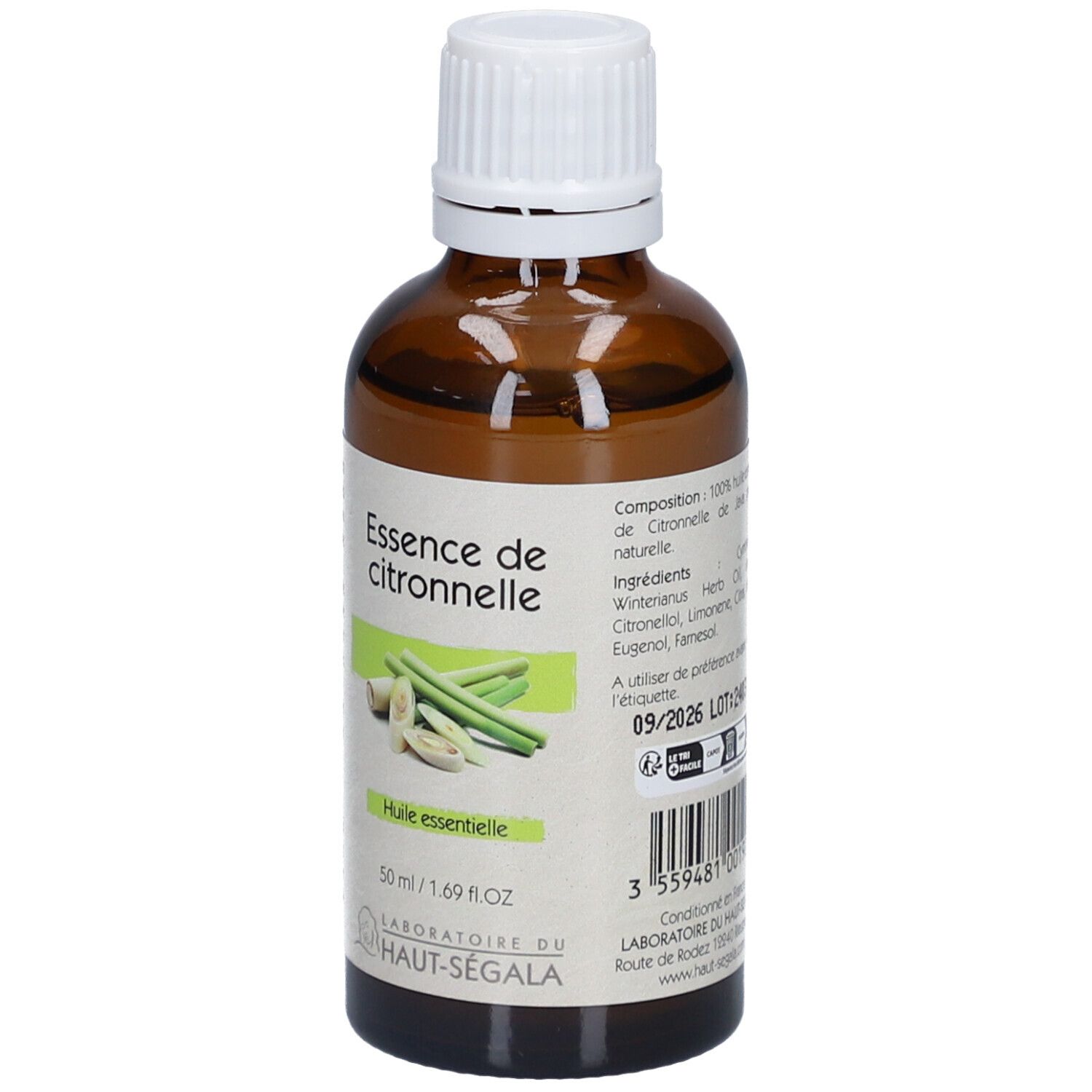 Bruine glazen fles met witte dop. Etiket met productnaam, citroengrasillustratie en vervaldatum. Merk: Laboratoire du Haut-Ségala.