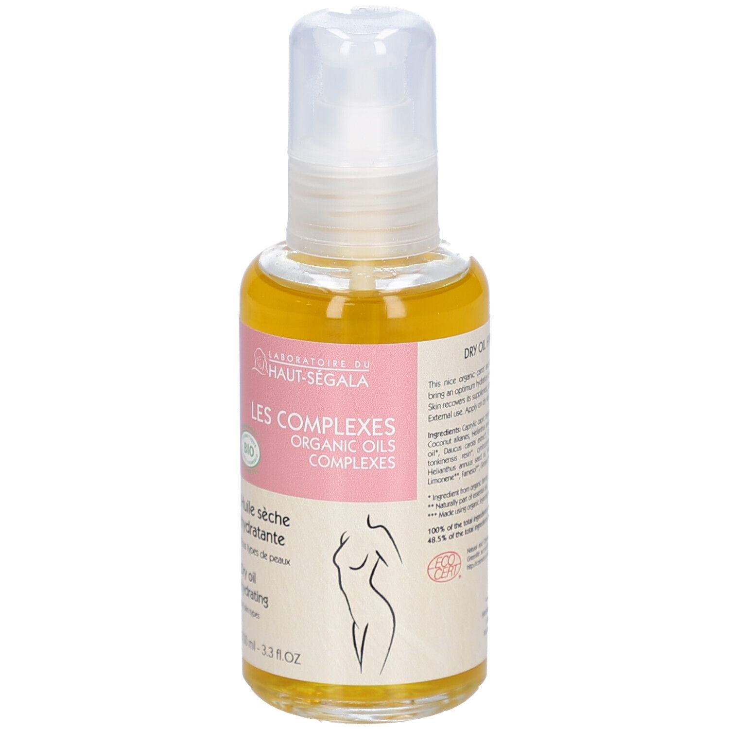 Flacon transparent avec pompe. Étiquette avec texte et logo bio. Illustration d'une femme. Huile sèche hydratante.