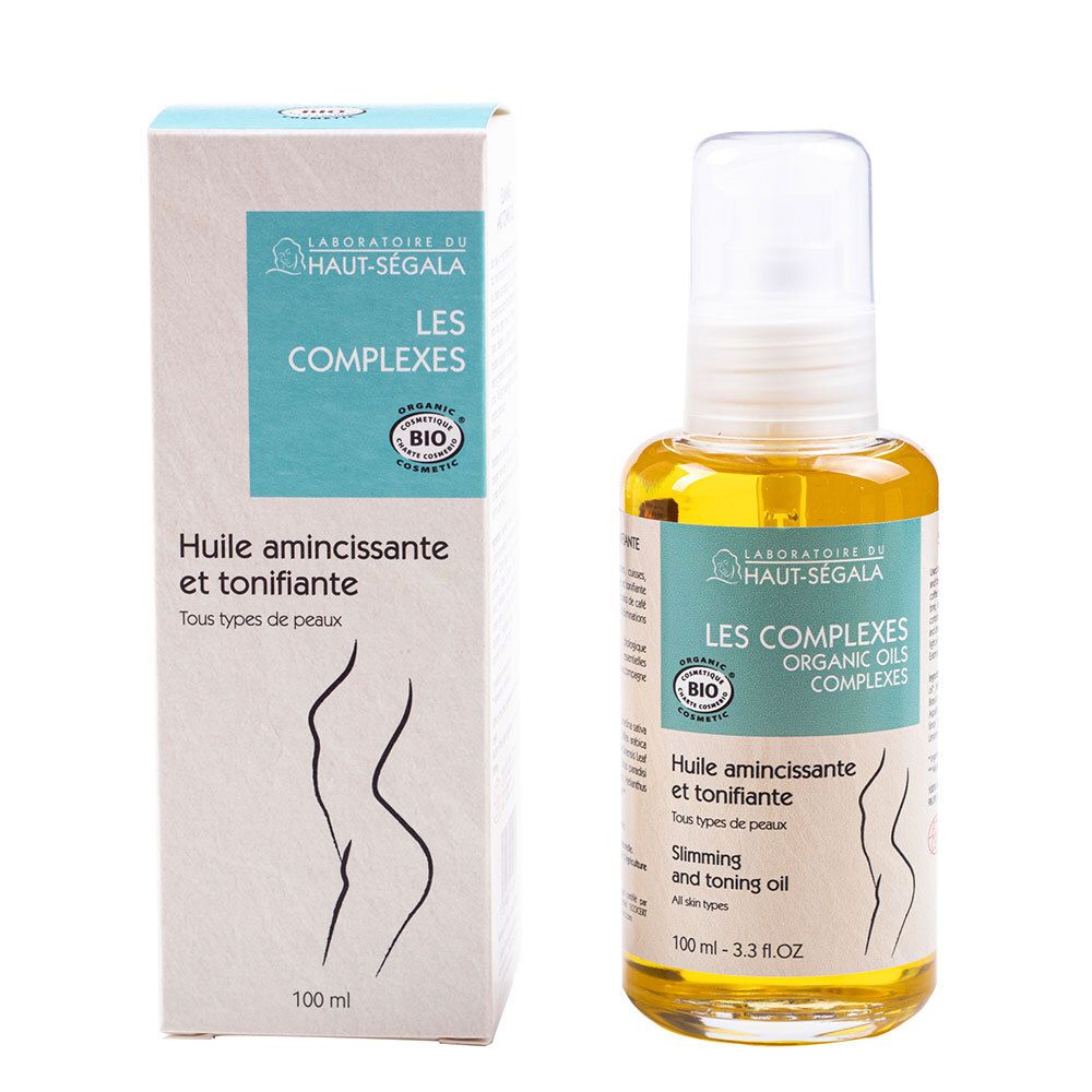 Fles en doosje olie. Opschrift: Laboratoire du Haut-Ségala, Les Complexes, Bio-certificering. Tekst: Huile amincissante et tonifiante.