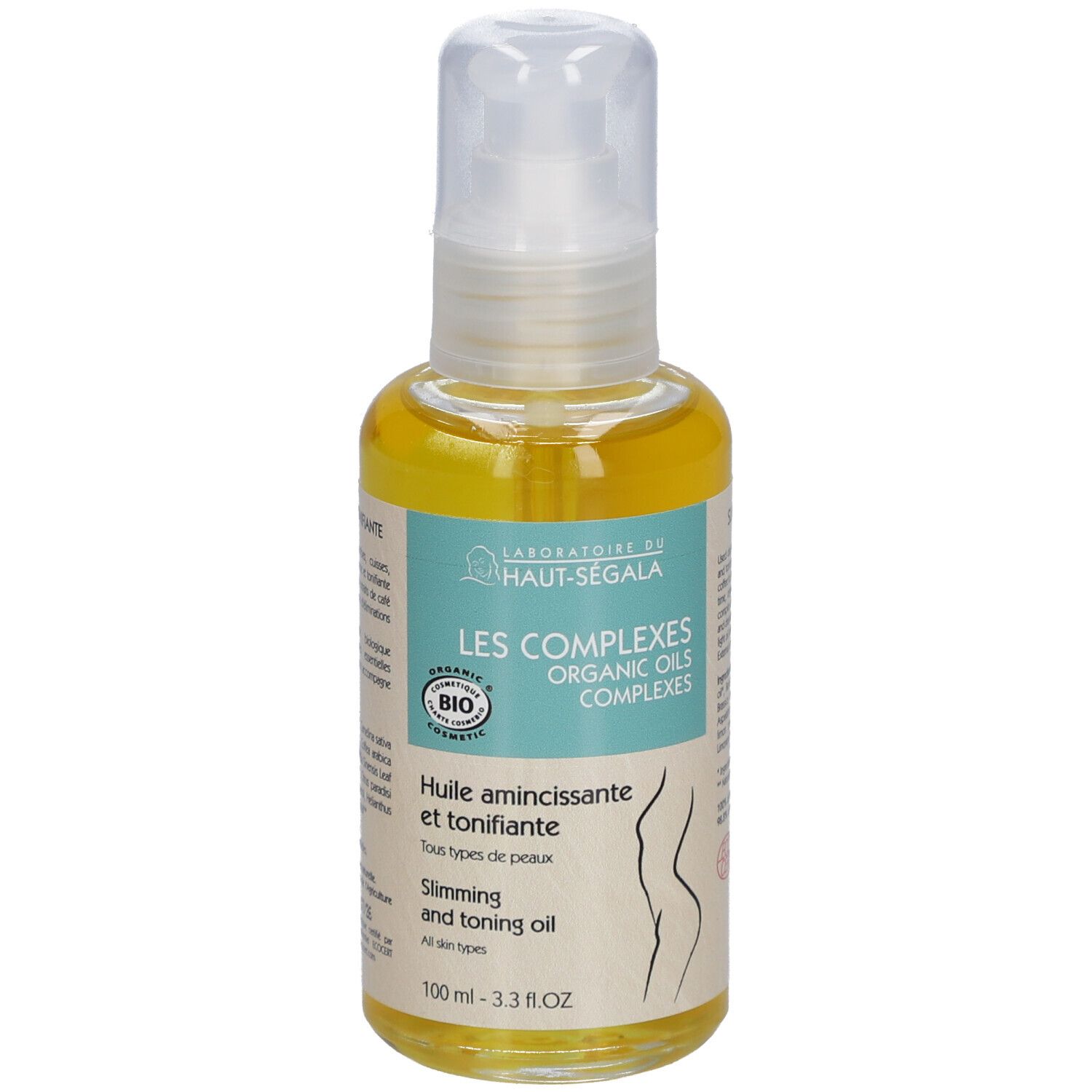 Olie fles met verstuiver. Opschrift: Laboratoire du Haut-Ségala, Les Complexes, Bio-certificering. Tekst: Huile amincissante et tonifiante.