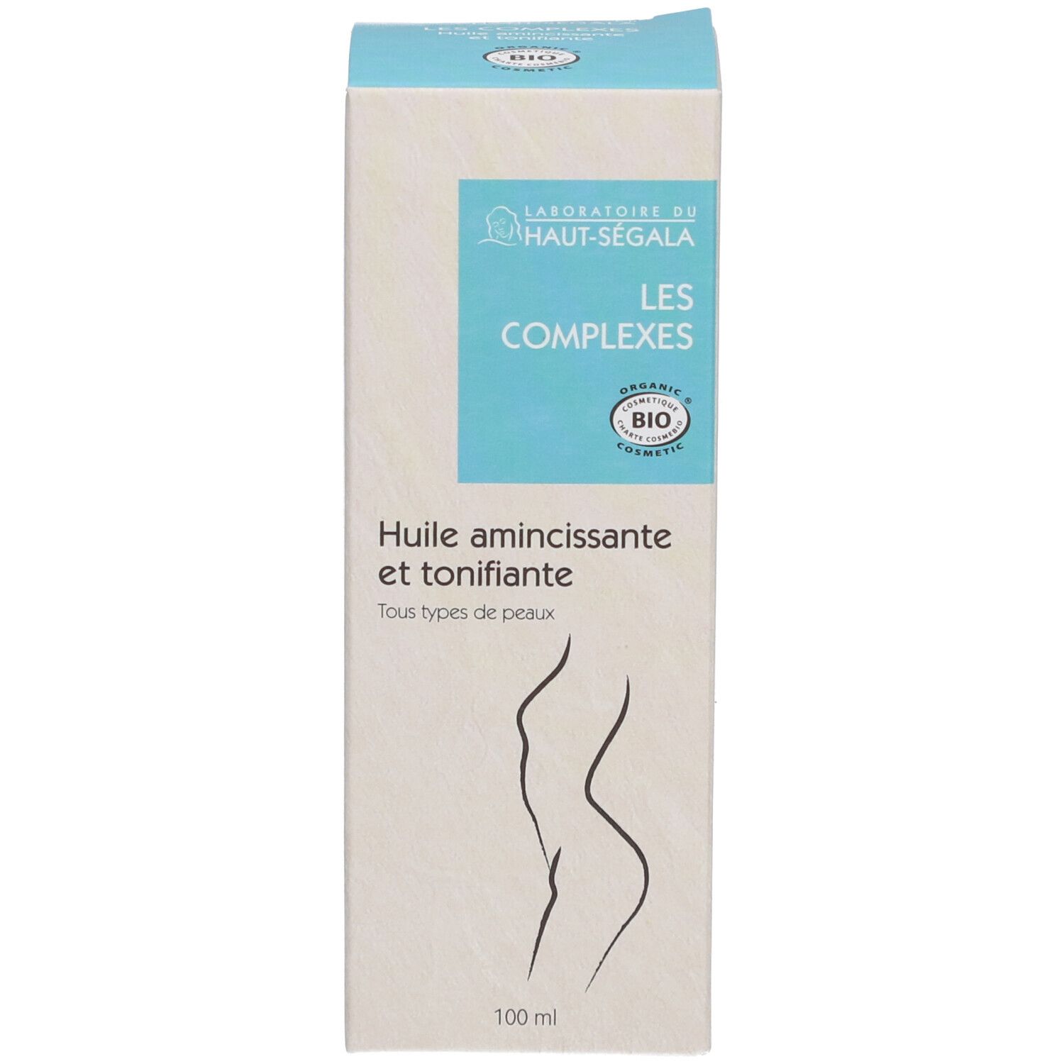 Doosje. Opschrift: Laboratoire du Haut-Ségala, Les Complexes, Bio-certificering. Tekst: Huile amincissante et tonifiante.