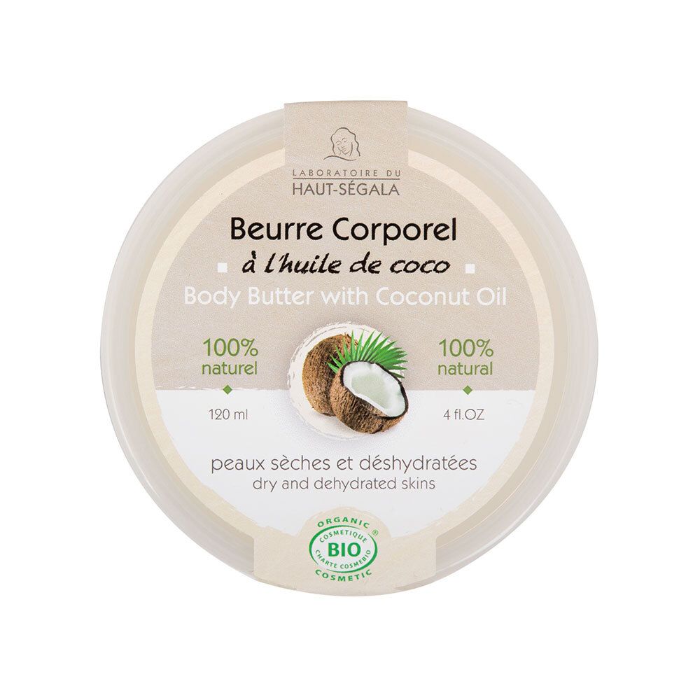 Ronde pot met deksel. Opschrift: Beurre Corporel à l'huile de coco. Met biologische kokosolie. 100% natuurlijk. Bio-keurmerk.