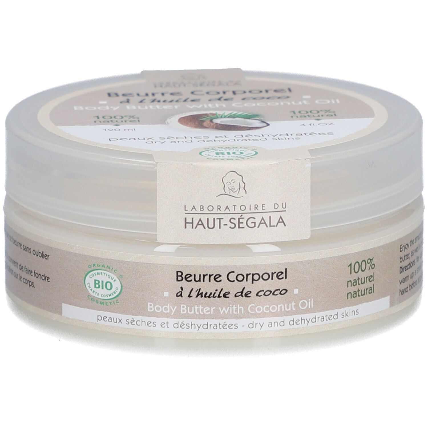Ronde pot met deksel. Opschrift: Beurre Corporel à l'huile de coco. Met biologische kokosolie. 100% natuurlijk. Bio-keurmerk.