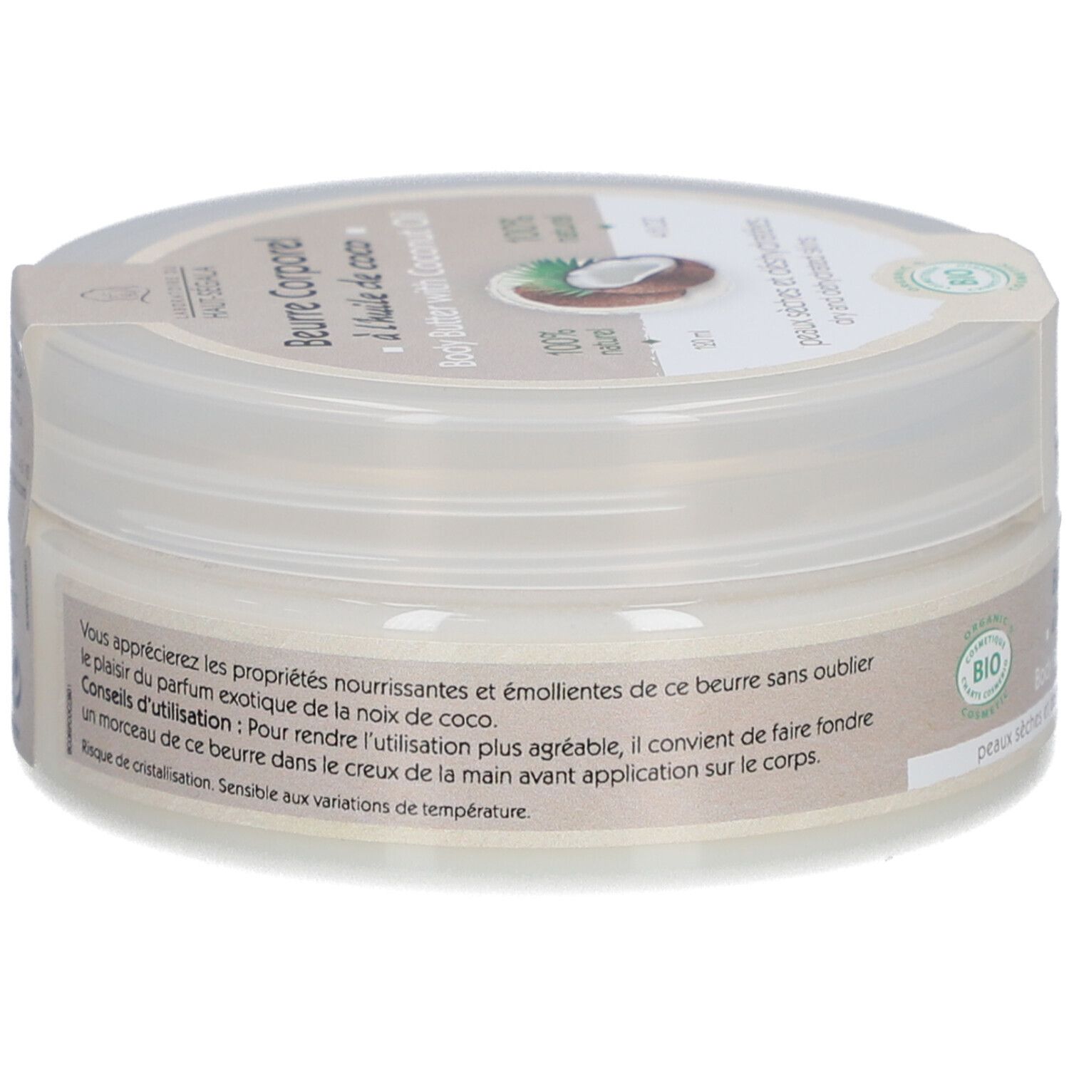 Ronde pot met deksel. Opschrift: Beurre Corporel à l'huile de coco. Met biologische kokosolie. 100% natuurlijk. Bio-keurmerk.