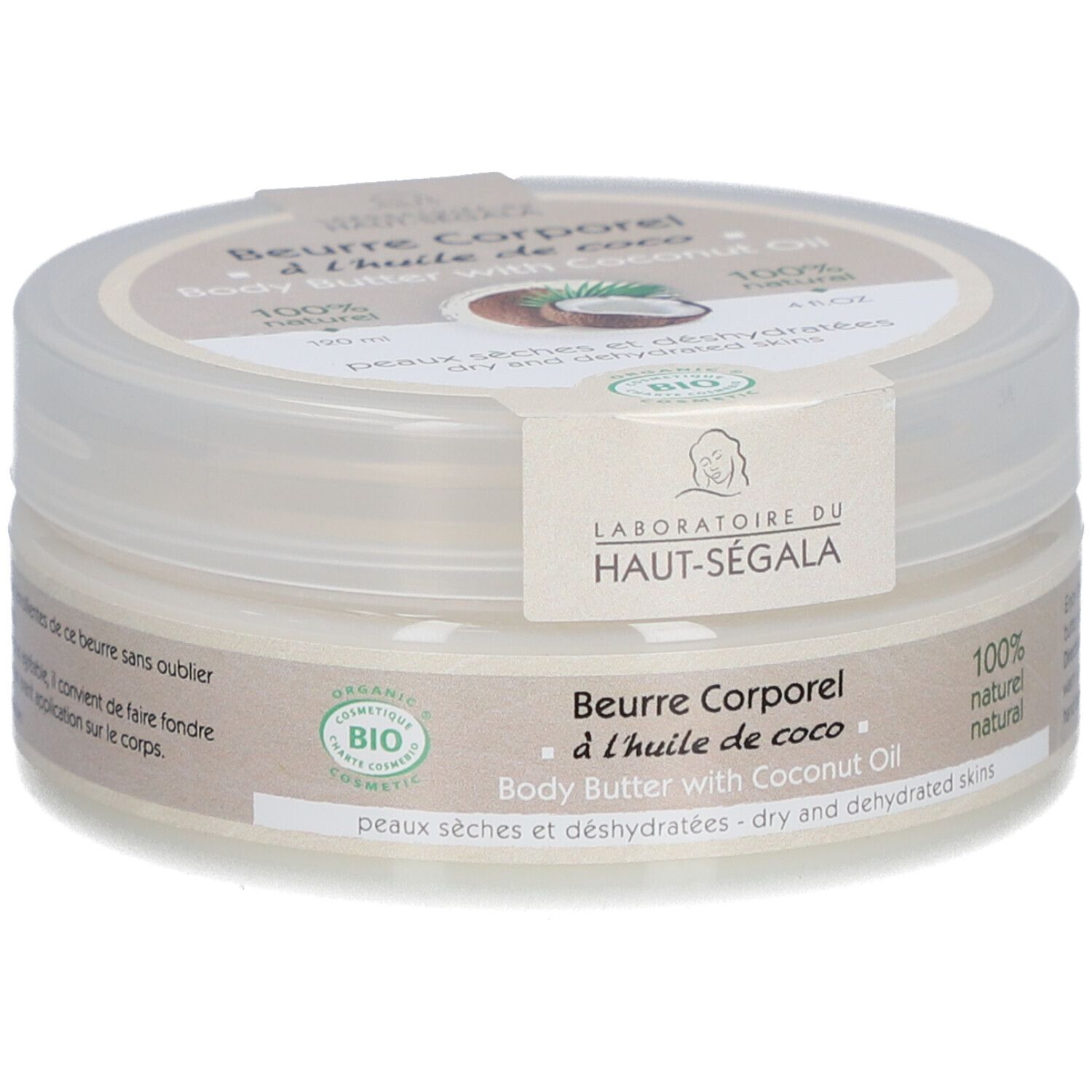Ronde pot met deksel. Opschrift: Beurre Corporel à l'huile de coco. Met biologische kokosolie. 100% natuurlijk. Bio-keurmerk.