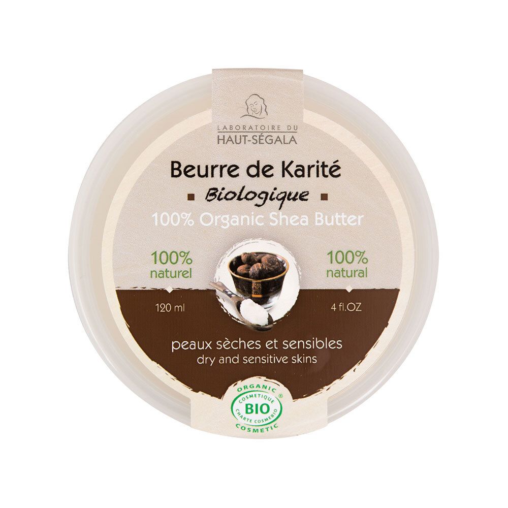Ronde pot met deksel. Opschrift: Beurre de Karité Biologique, 100% Organic Shea Butter. Bio-label. 120 ml, 4 fl.oz.