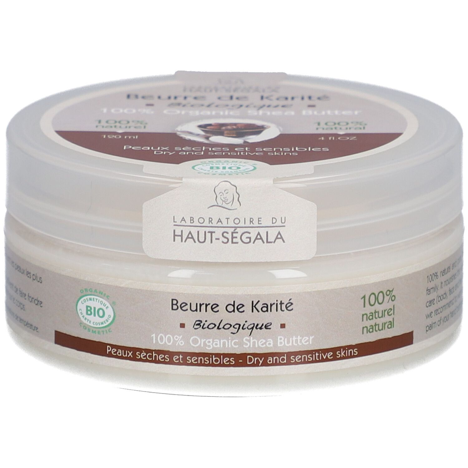 Cilindrische pot met deksel. Opschrift: Beurre de Karité Biologique, 100% Organic Shea Butter. Bio-label. 120 ml, 4 fl.oz.