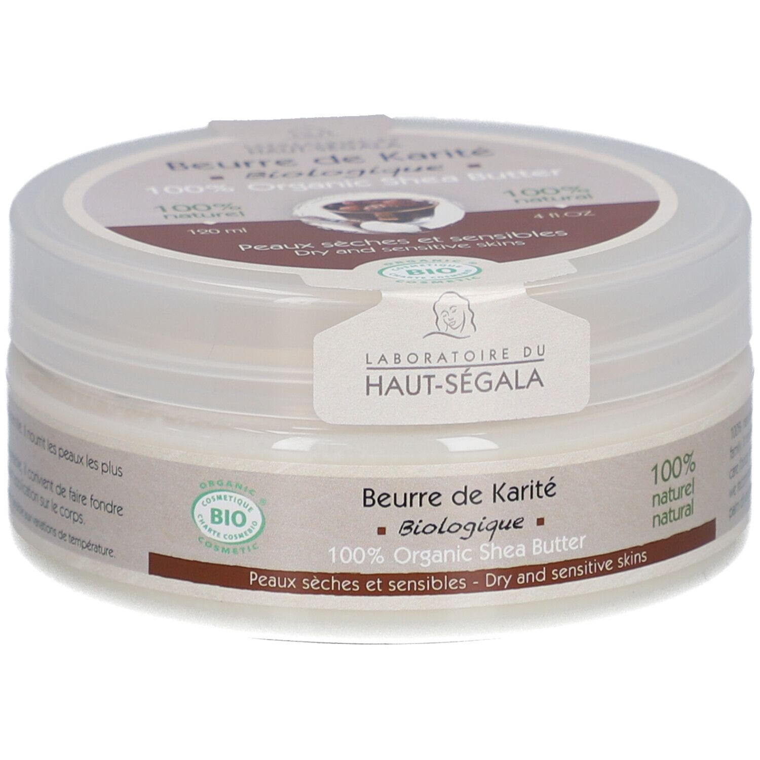 Cilindrische pot met deksel. Opschrift: Beurre de Karité Biologique, 100% Organic Shea Butter. Bio-label. 120 ml, 4 fl.oz.