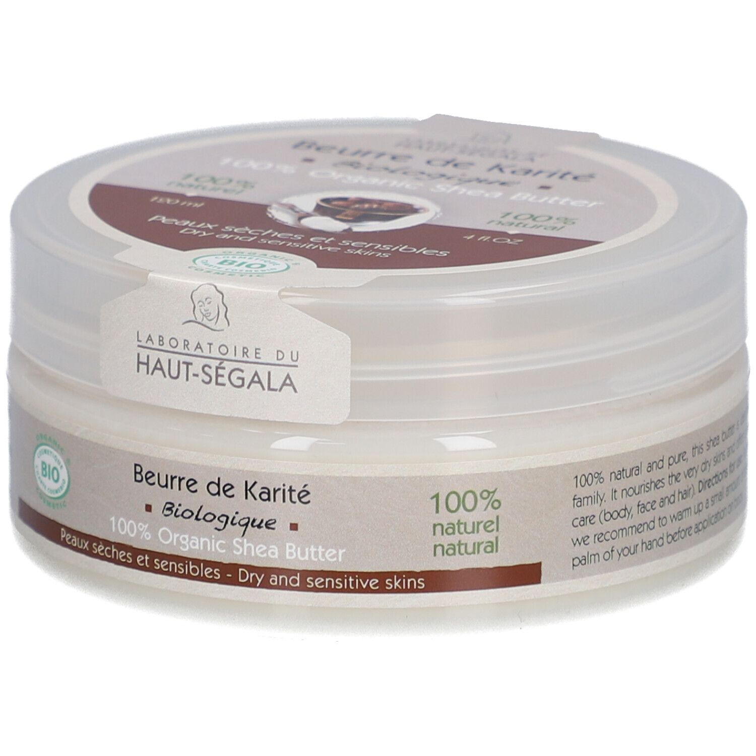 Cilindrische pot met deksel. Opschrift: Beurre de Karité Biologique, 100% Organic Shea Butter. Bio-label. 120 ml, 4 fl.oz.