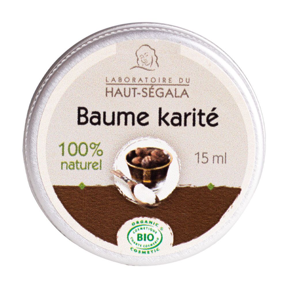Boîte ronde avec 'Baume karité', 100% naturel, 15 ml. Certification bio. Visuel du produit.