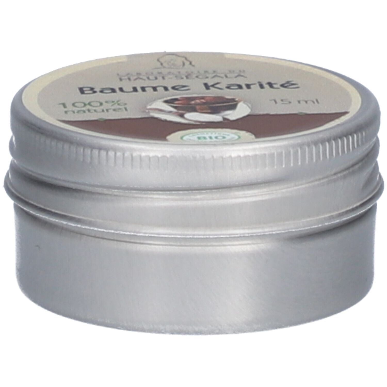 Boîte cylindrique en métal avec couvercle. Inscription 'Baume karité' et '15 ml'. Certification bio.
