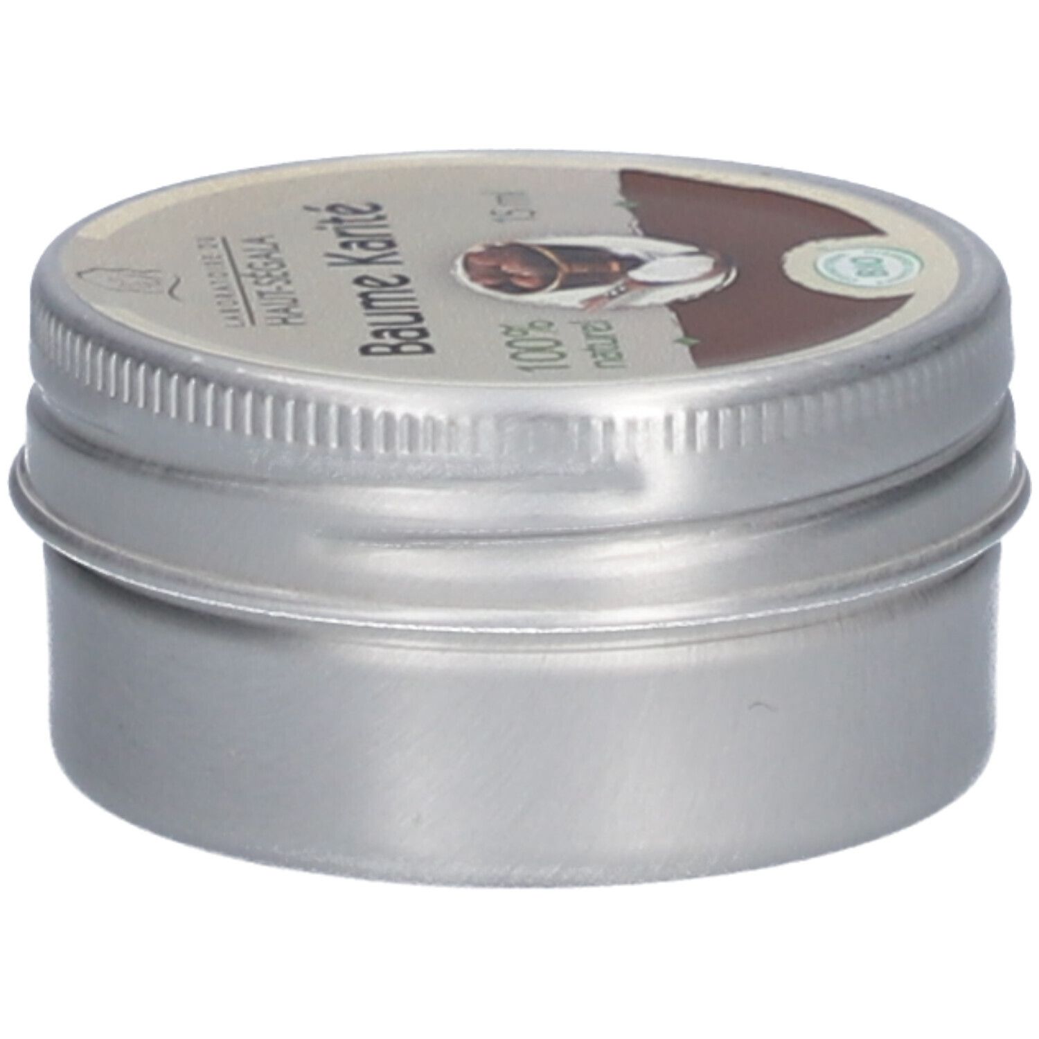 Boîte métallique avec couvercle. Inscription 'Baume karité' et '15 ml'. Certification bio. Vue latérale.
