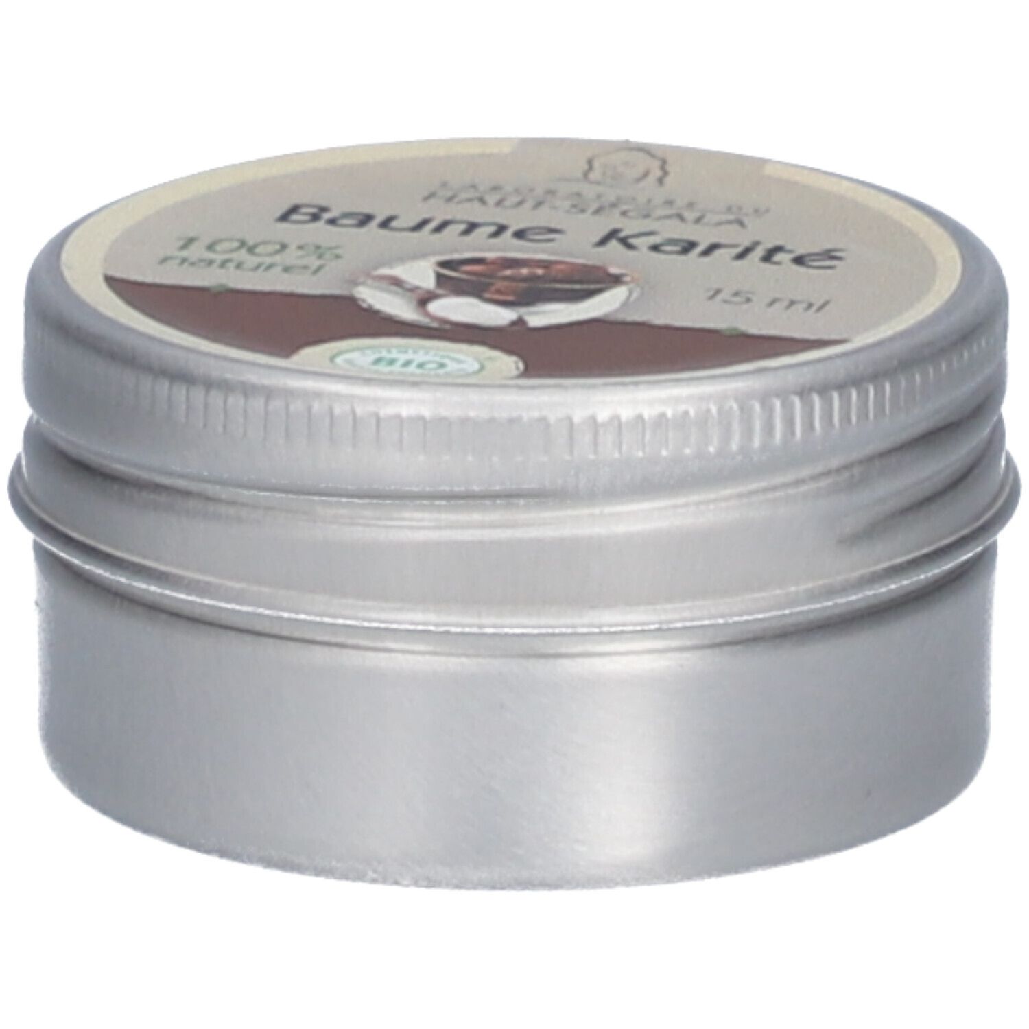 Boîte métallique avec couvercle. Inscription 'Baume karité' et '15 ml'. Certification bio. Vue latérale.