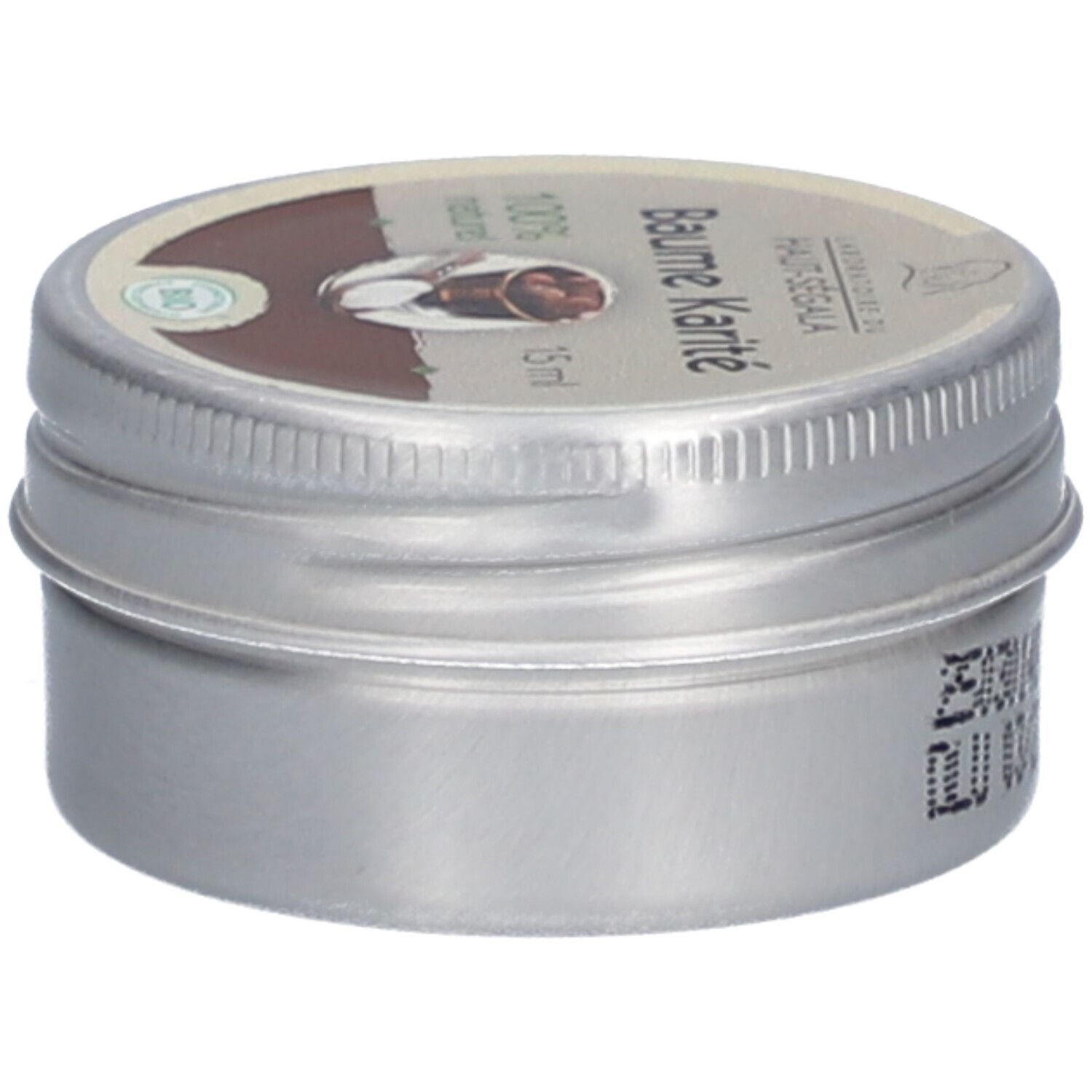 Boîte métallique avec couvercle. Inscription 'Baume karité' et '15 ml'. Certification bio. Vue latérale avec code.