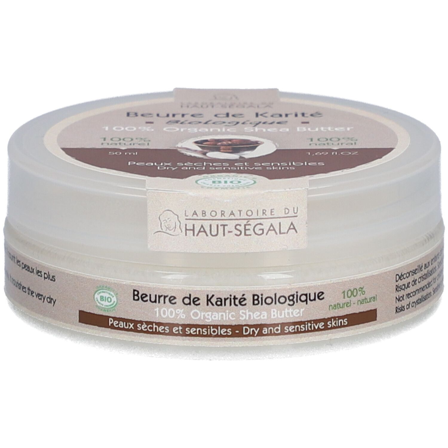 Ronde pot 'Beurre de Karité Biologique'. 100% biologische shea butter. Voor droge en gevoelige huid. Bio-keurmerk. 50 ml.