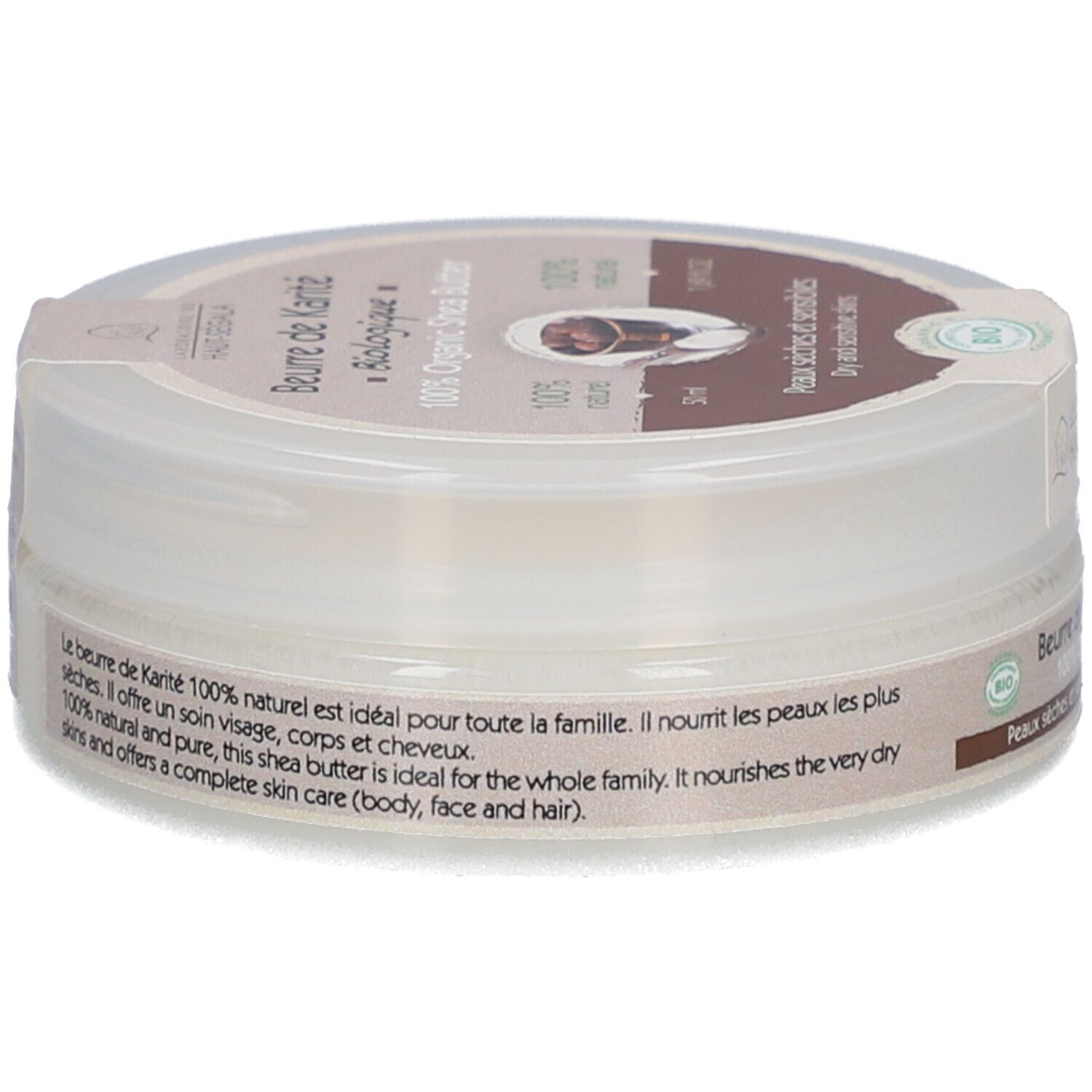 Ronde pot 'Beurre de Karité Biologique'. 100% biologische shea butter. Voor droge en gevoelige huid. Bio-keurmerk. 50 ml.