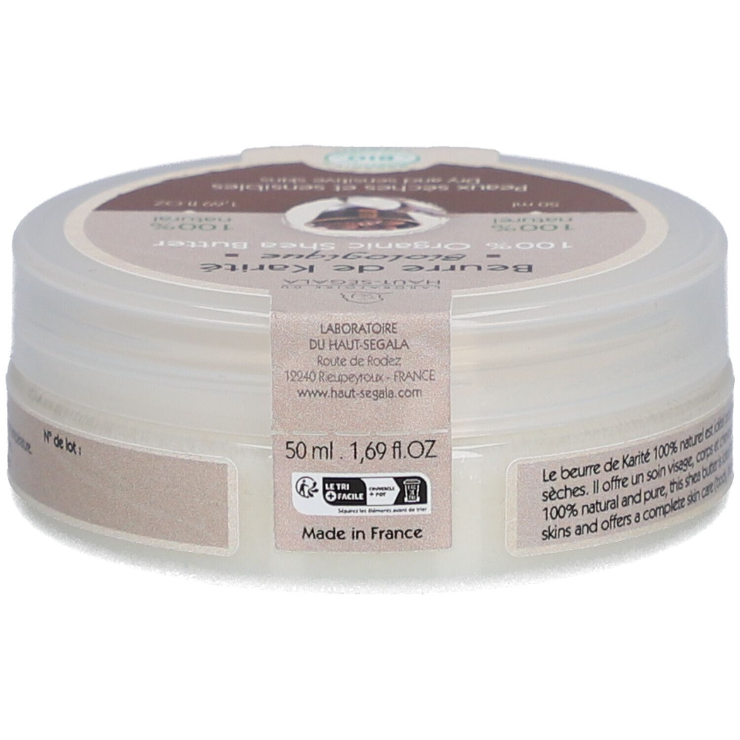 Ronde pot 'Beurre de Karité Biologique'. 100% biologische shea butter. Voor droge en gevoelige huid. Bio-keurmerk. 50 ml.