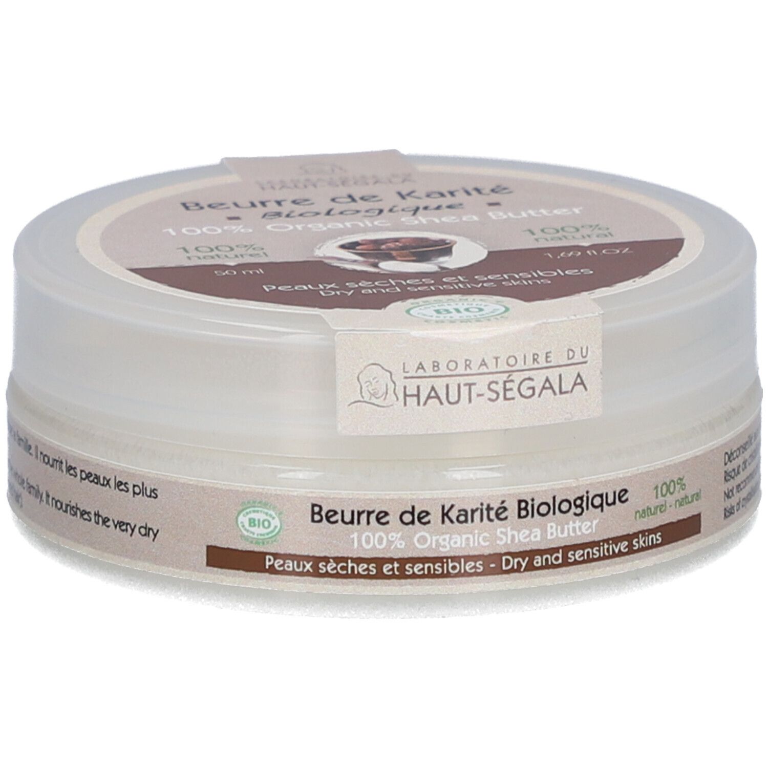 Ronde pot 'Beurre de Karité Biologique'. 100% biologische shea butter. Voor droge en gevoelige huid. Bio-keurmerk. 50 ml.