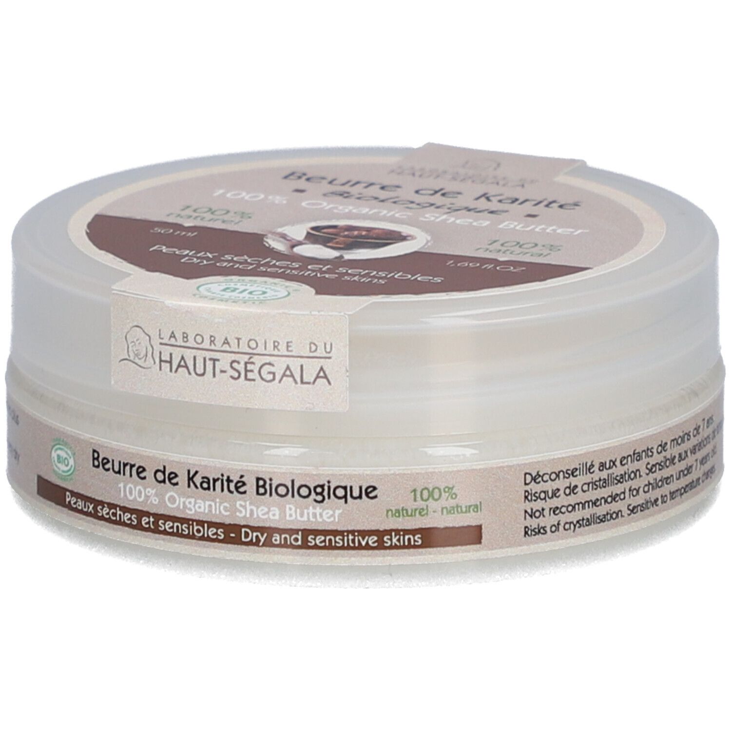 Ronde pot 'Beurre de Karité Biologique'. 100% biologische shea butter. Voor droge en gevoelige huid. Bio-keurmerk. 50 ml.