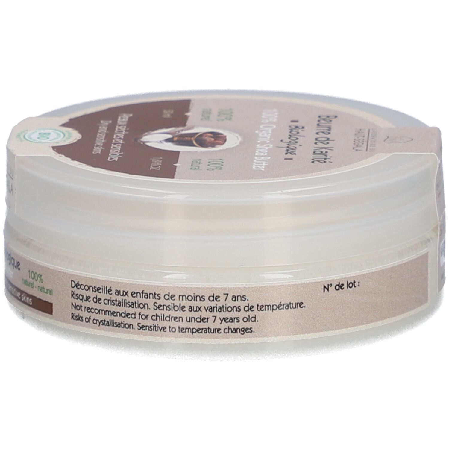Ronde pot 'Beurre de Karité Biologique'. 100% biologische shea butter. Voor droge en gevoelige huid. Bio-keurmerk. 50 ml.