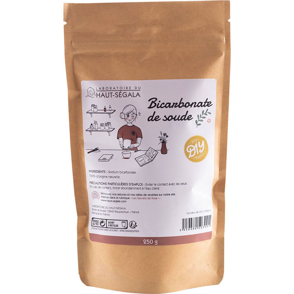 Sachet de Bicarbonate de soude. Étiquette avec nom du produit, logo DIY et illustration. Ingrédients et précautions. 250g.