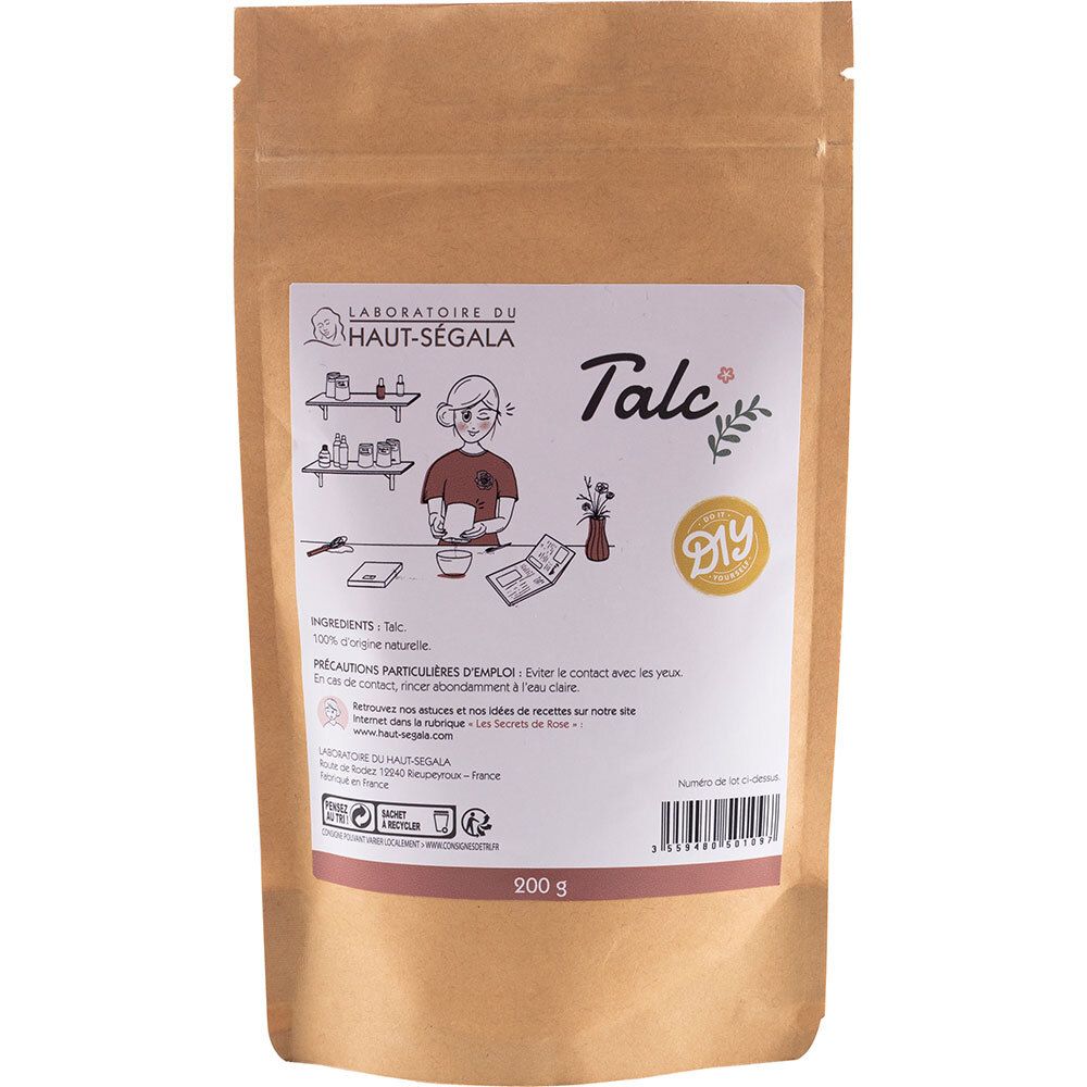 Papieren zak met label. Opschriften: Laboratoire du Haut-Ségala, Talc, DIY. Ingrediënten en waarschuwingen. 200 g.