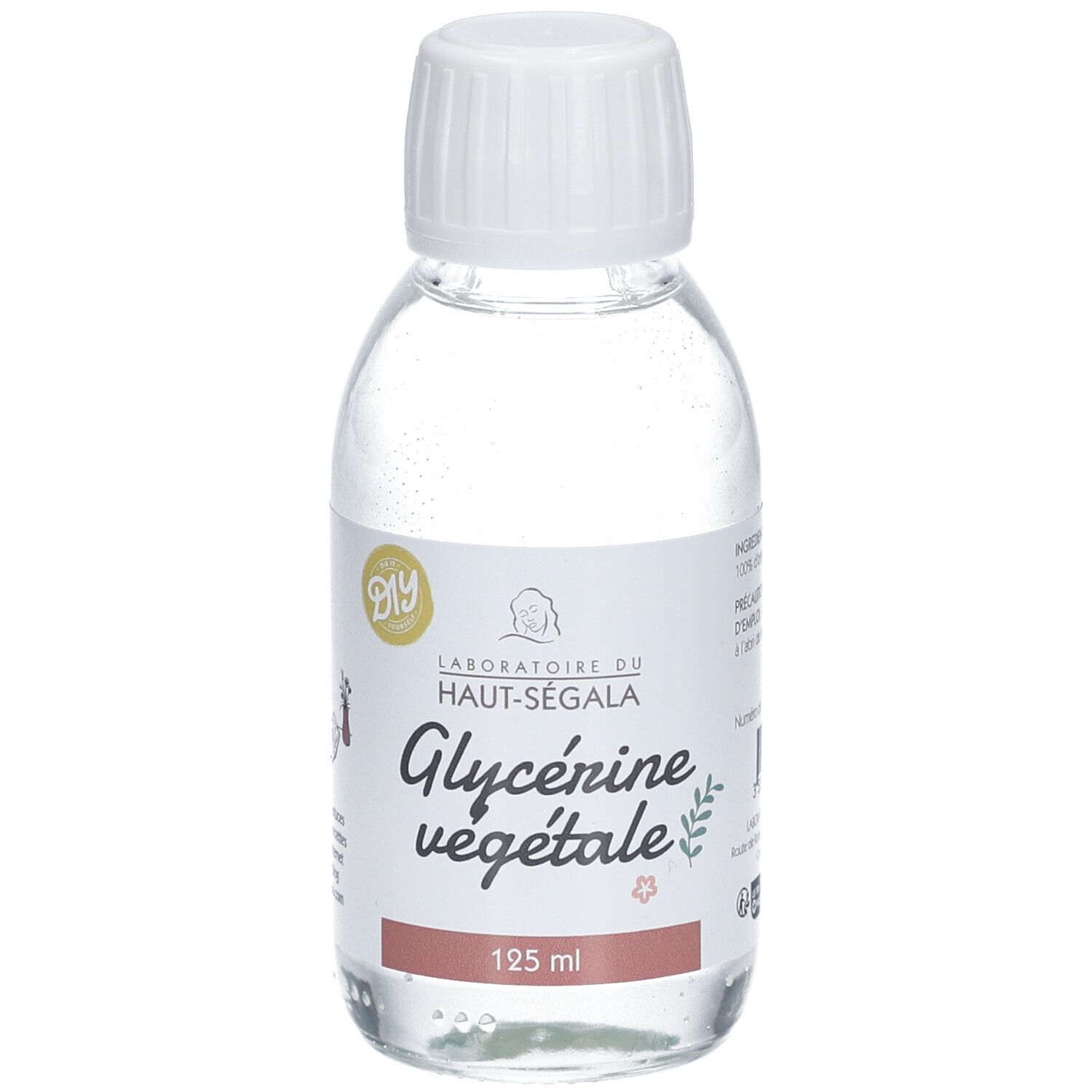 Flacon en verre transparent avec bouchon blanc. Étiquette "Laboratoire du Haut-Ségala", "Glycérine végétale" et "125 ml".