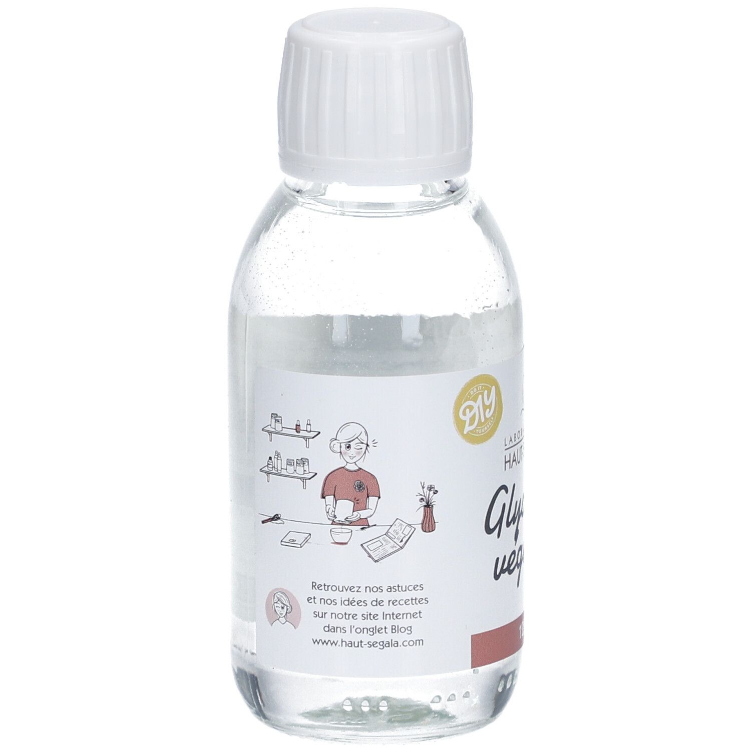 Flacon en verre avec bouchon blanc. Étiquette avec illustration et texte. Inscription : "Laboratoire du Haut-Ségala", "Glycérine végétale".