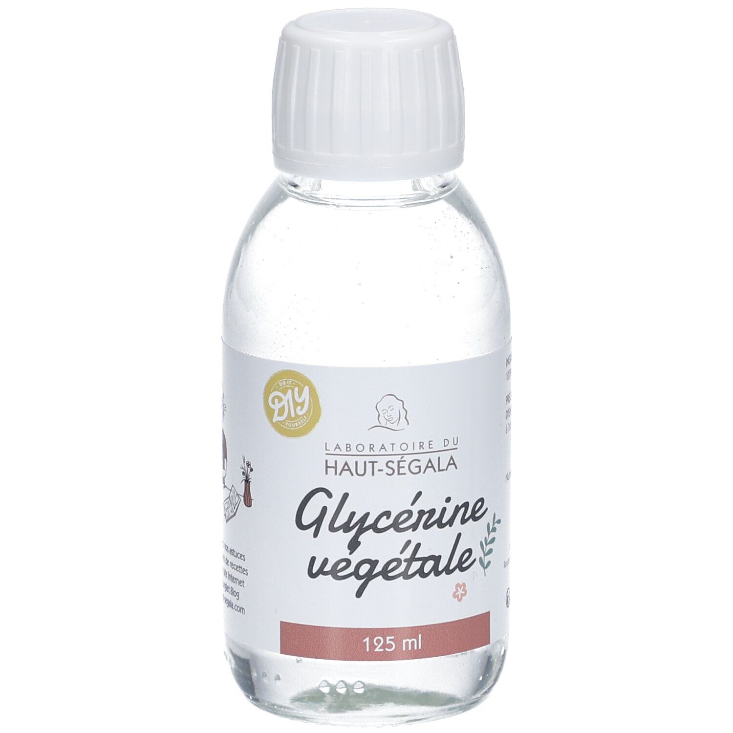 Flacon en verre avec bouchon blanc. Étiquette "Laboratoire du Haut-Ségala" et "Glycérine végétale". Volume : 125 ml.