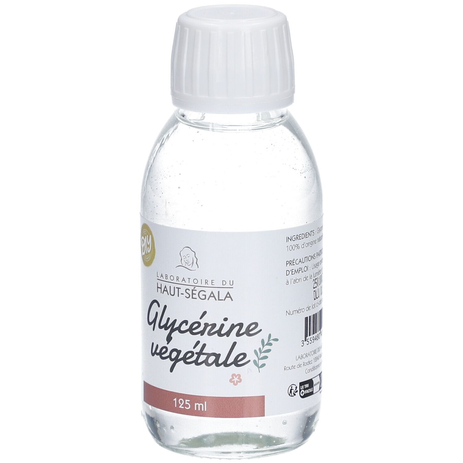 Flacon en verre avec bouchon blanc. Étiquette "Laboratoire du Haut-Ségala" et "Glycérine végétale". Volume : 125 ml.
