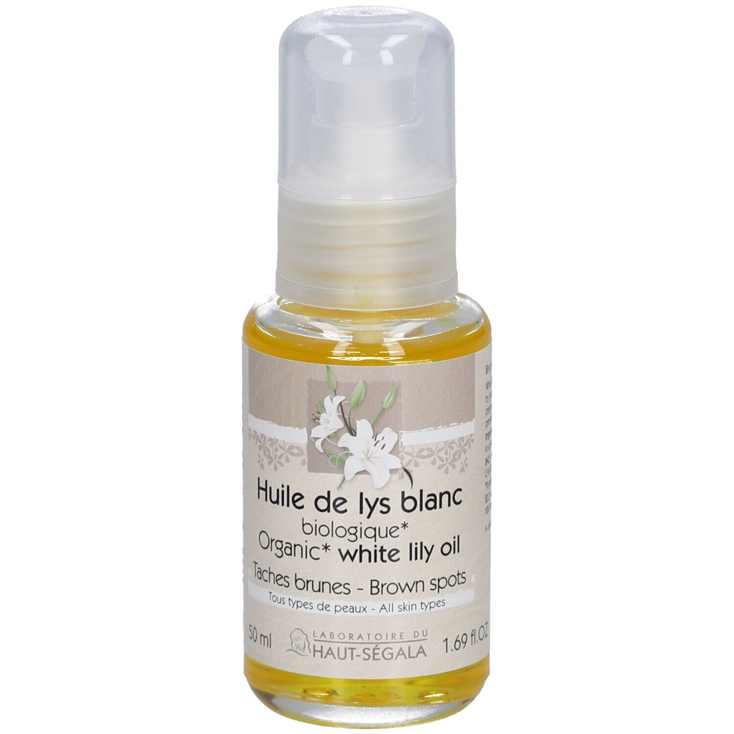 Transparante oliefles met witte dop. Opschrift: Huile de lys blanc, Taches brunes. Bio.