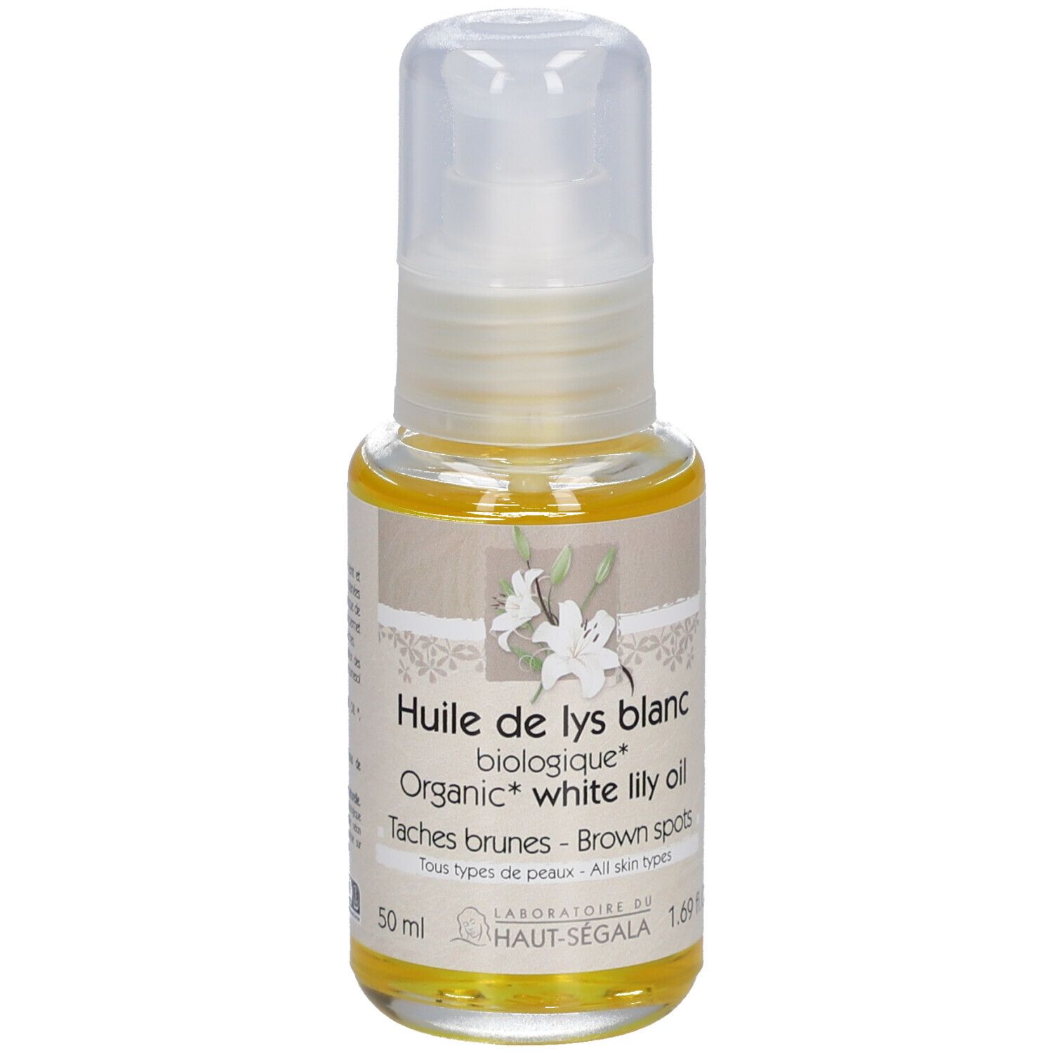 Olie fles. Opschrift: Huile de lys blanc, Taches brunes. Bio-certificering. 1.69 fl.oz.