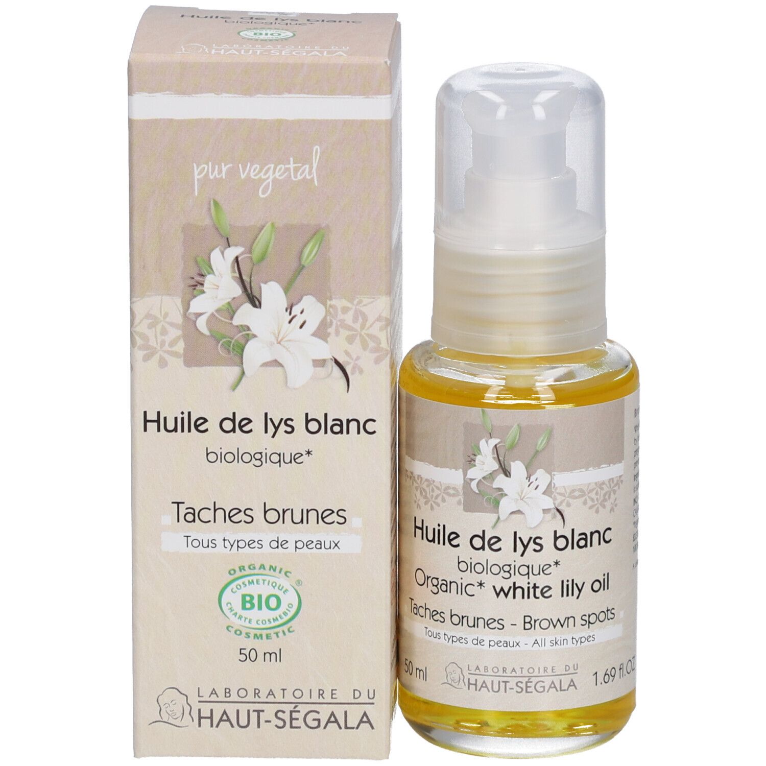 Olie fles en doos. Opschrift: Huile de lys blanc, Taches brunes. Bio-certificering.
