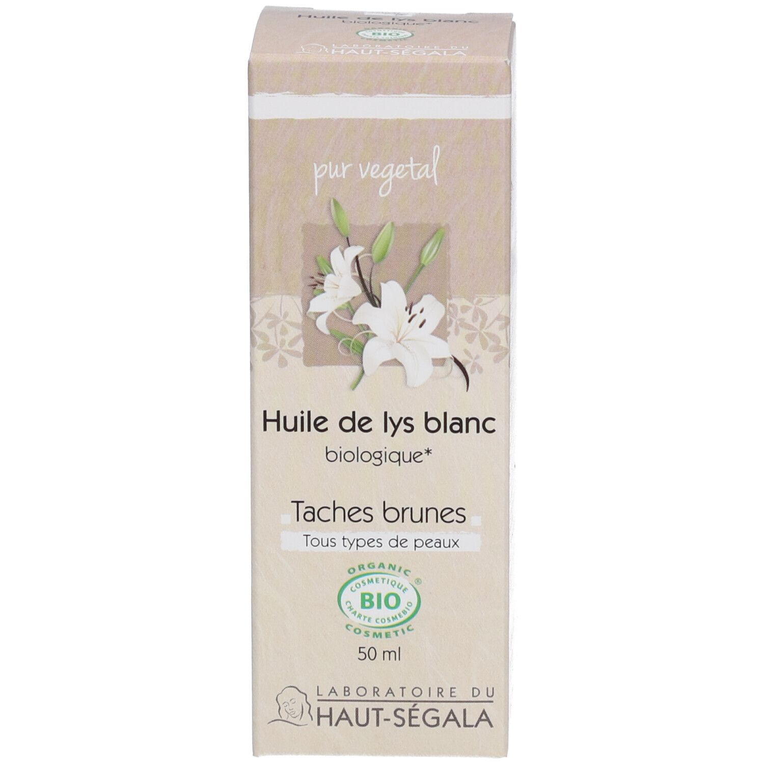 Doos. Opschrift: Huile de lys blanc, Taches brunes. Bio-certificering. Productafbeelding.