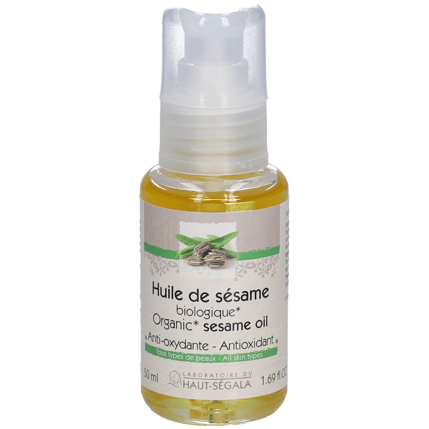 Fles sesamolie met pomp. Opschrift: Huile de sésame biologique, Anti-oxydante, Tous types de peaux. Bio-certificering.