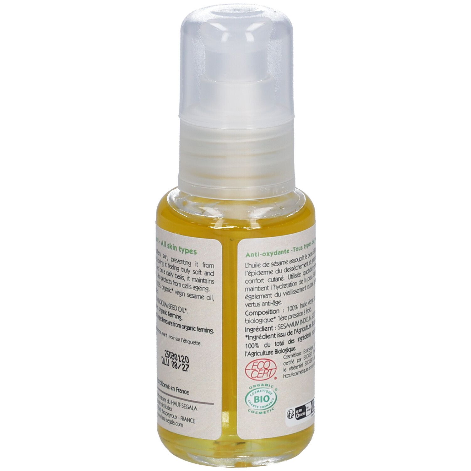 Fles sesamolie met pomp. Opschrift: Huile de sésame biologique, Anti-oxydante, Tous types de peaux. Tekst op achterkant.