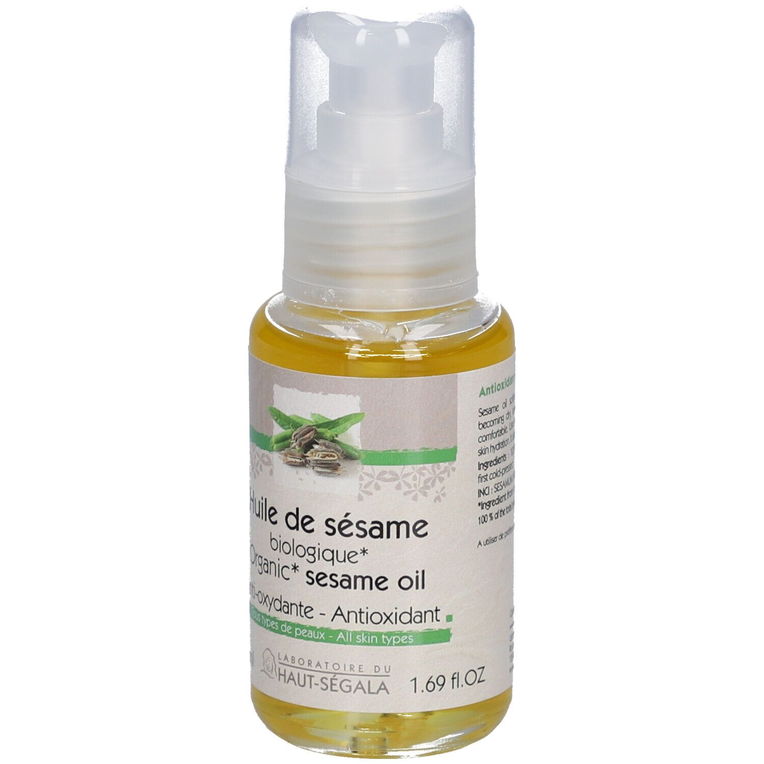 Fles sesamolie met pomp. Opschrift: Huile de sésame biologique, Anti-oxydante, Tous types de peaux. Tekst op achterkant.