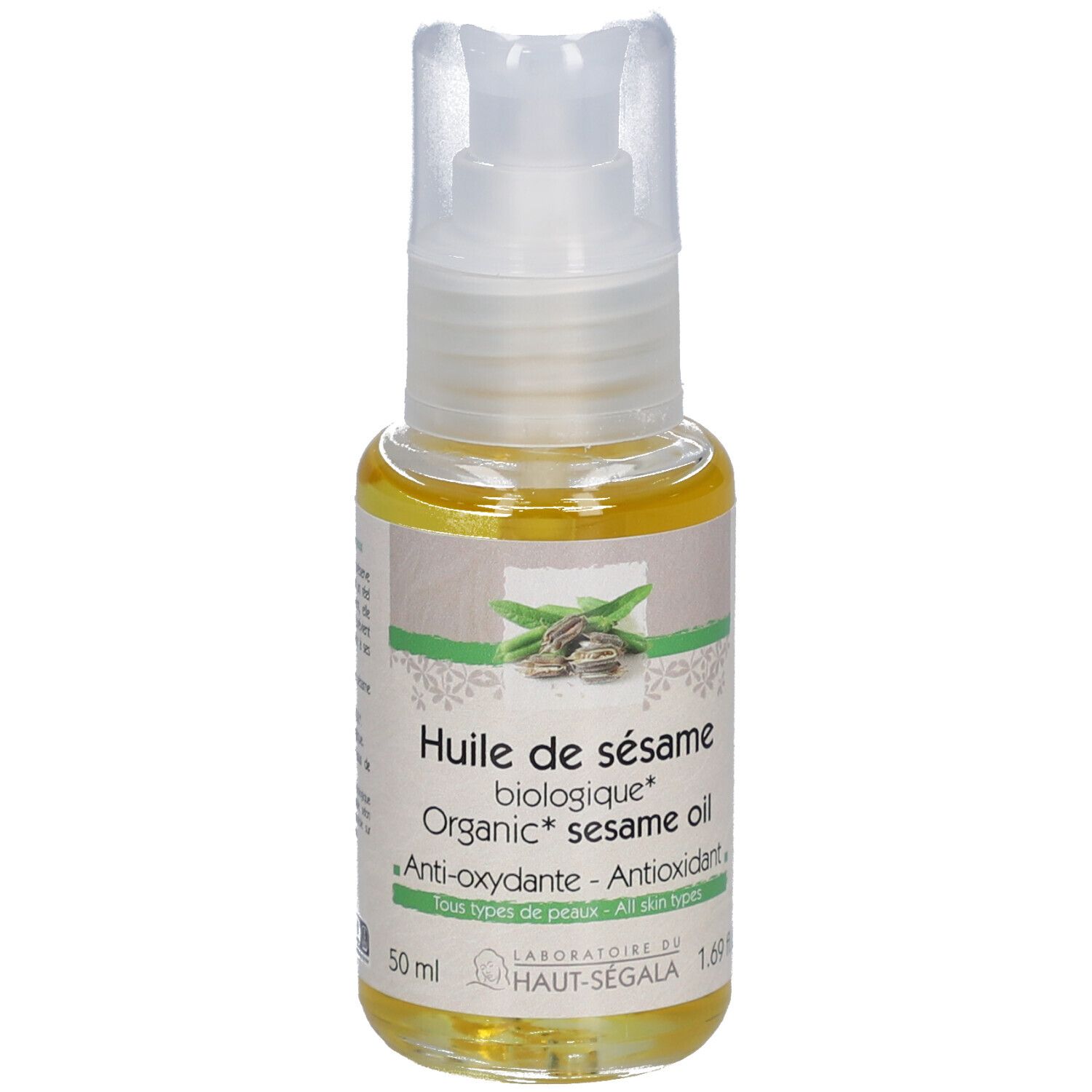 Fles sesamolie met pomp. Opschrift: Huile de sésame biologique, Anti-oxydante, Tous types de peaux. Tekst op achterkant.