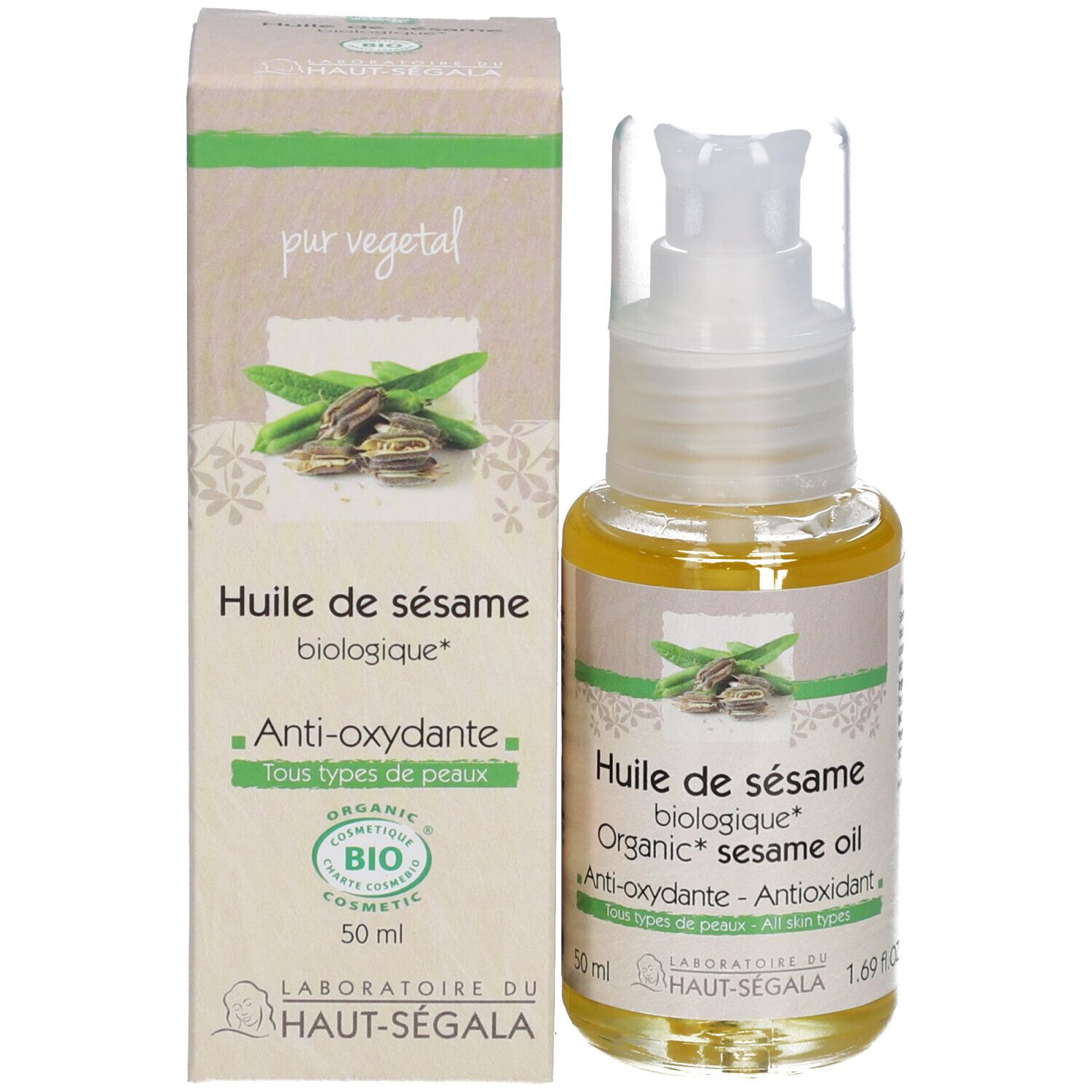Fles sesamolie met pomp. Opschrift: Huile de sésame biologique, Anti-oxydante, Tous types de peaux. Bio-certificering.