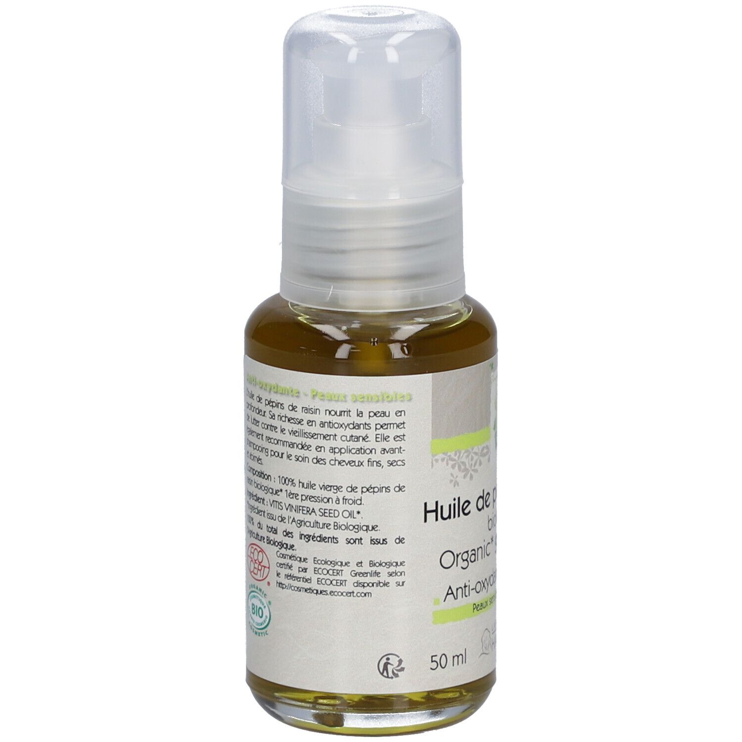 Glazen fles met verstuiver. Etiket: Huile de pépins de raisin biologique, Anti-oxydante, Peaux sensibles. Bio-keurmerk. 50 ml.