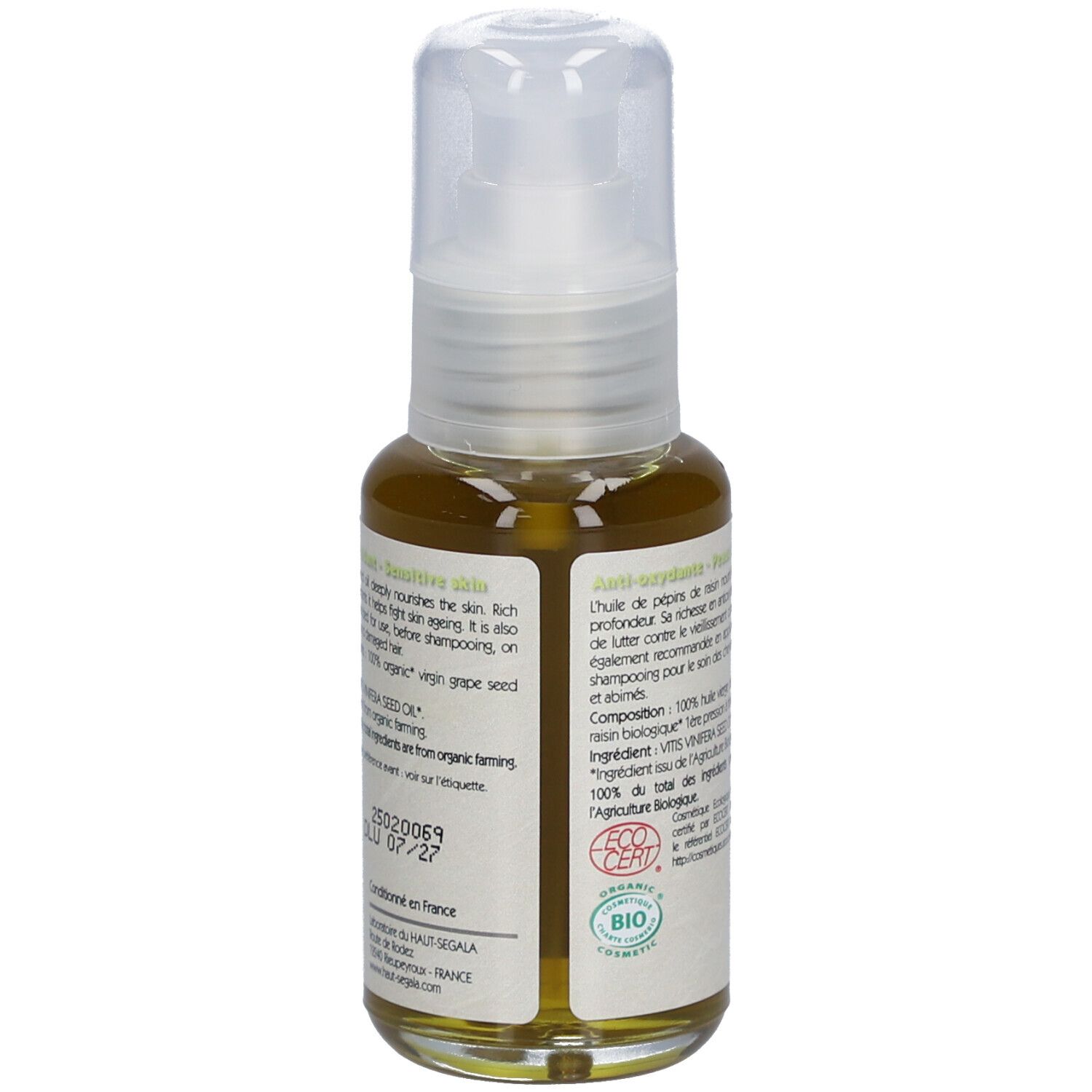 Glazen fles met verstuiver. Etiket: Huile de pépins de raisin biologique, Anti-oxydante, Peaux sensibles. Bio-keurmerk. 50 ml.
