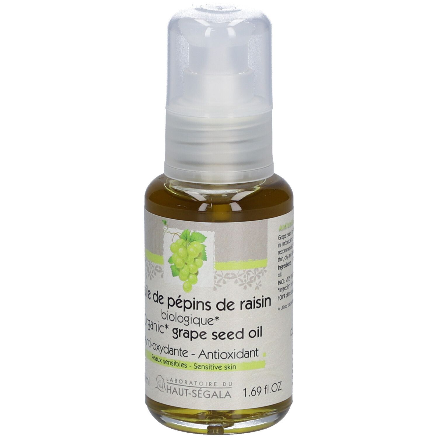 Glazen fles met verstuiver. Etiket: Huile de pépins de raisin biologique, Anti-oxydante, Peaux sensibles. Bio-keurmerk. 50 ml.