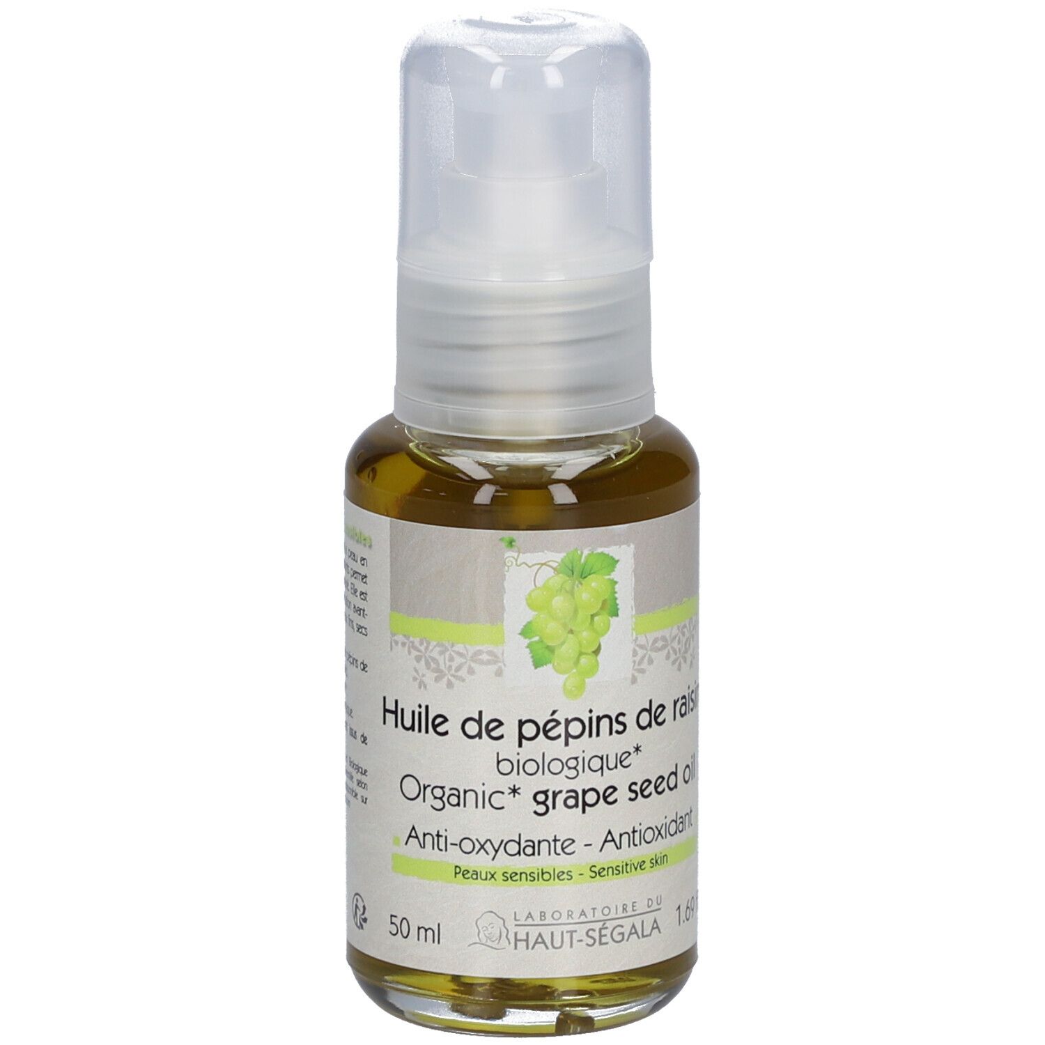 Glazen fles met verstuiver. Etiket: Huile de pépins de raisin biologique, Anti-oxydante, Peaux sensibles. Bio-keurmerk. 50 ml.