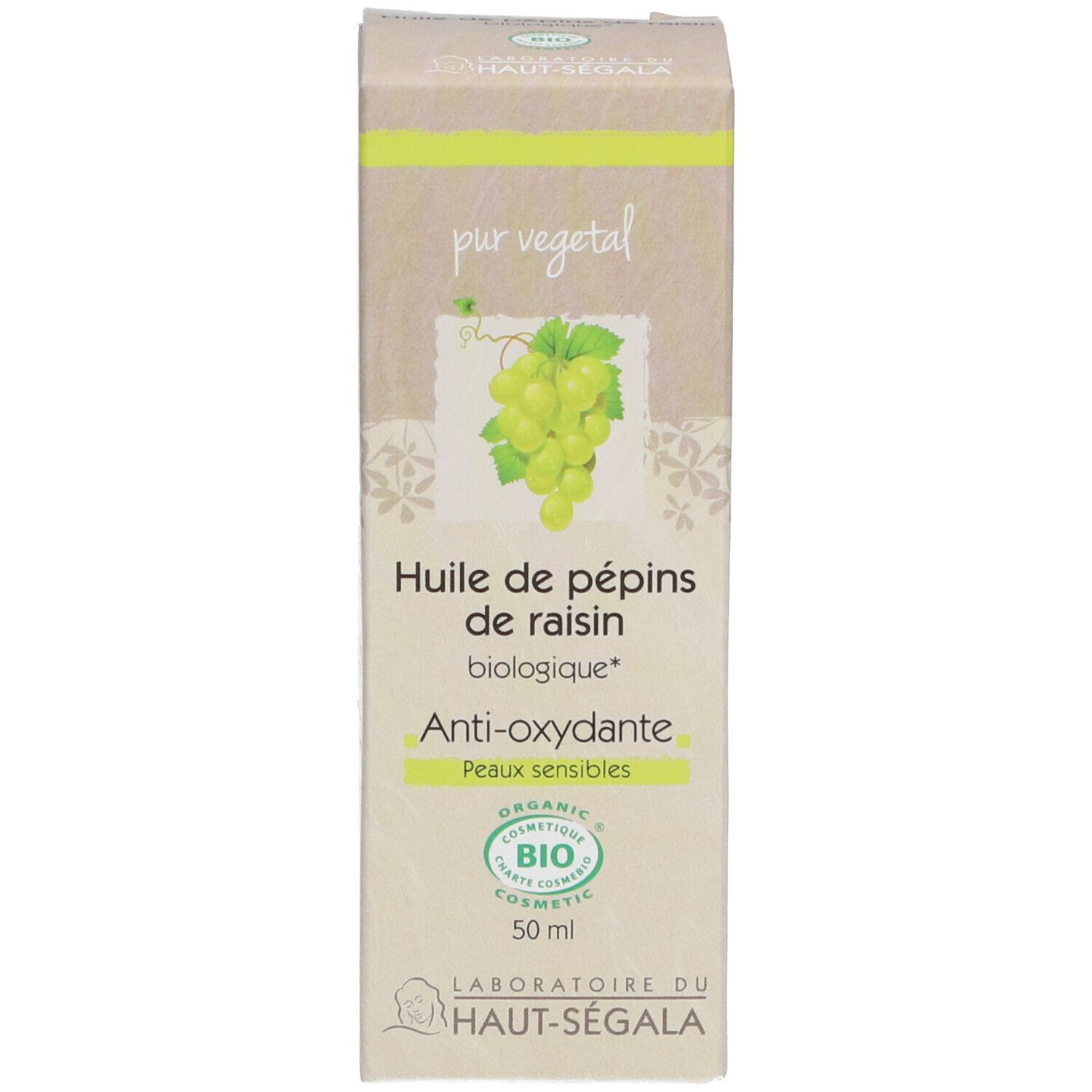 Doos met opschrift: Huile de pépins de raisin biologique, Anti-oxydante, Peaux sensibles. Bio-keurmerk. 50 ml.