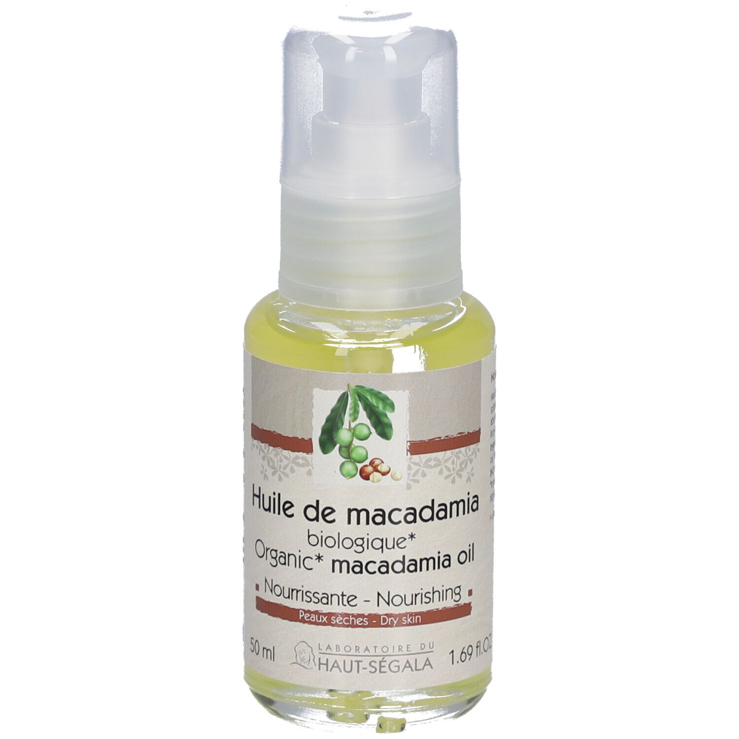 Macadamia-olie bio, fles met pomp. Label met productnaam, bio-keurmerk en merk Laboratoire du Haut-Ségala.