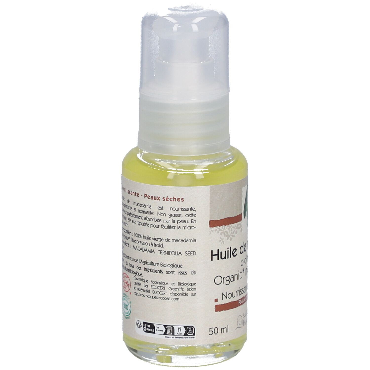 Macadamia-olie bio, fles met pomp. Label met productnaam, bio-keurmerk en merk Laboratoire du Haut-Ségala.