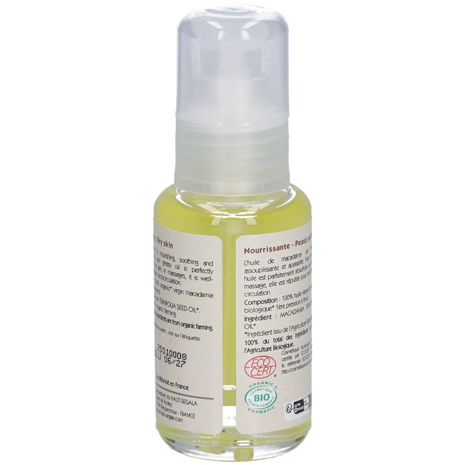 Macadamia-olie bio, fles met pomp. Label met productnaam, bio-keurmerk en merk Laboratoire du Haut-Ségala.