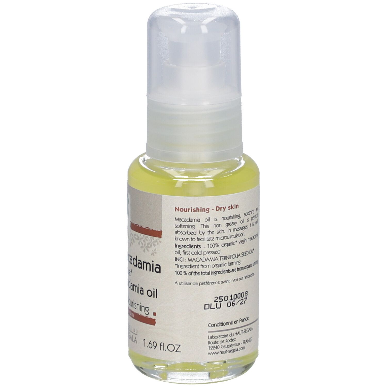 Macadamia-olie bio, fles met pomp. Label met productnaam, bio-keurmerk en merk Laboratoire du Haut-Ségala.