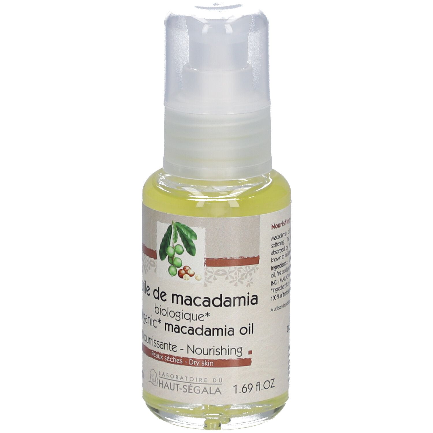 Macadamia-olie bio, fles met pomp. Label met productnaam, bio-keurmerk en merk Laboratoire du Haut-Ségala.