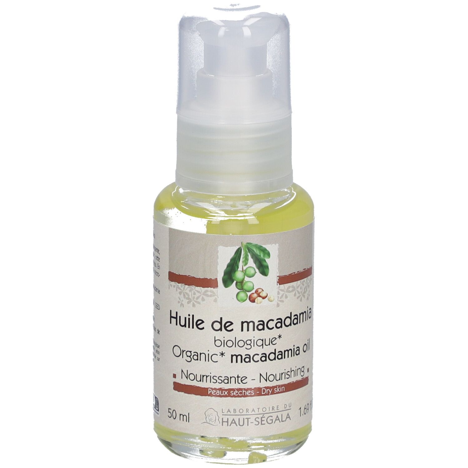 Macadamia-olie bio, fles met pomp. Label met productnaam, bio-keurmerk en merk Laboratoire du Haut-Ségala.